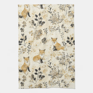 Luxury Black & Gold Botanical Fox Art (3) Tea Towel
