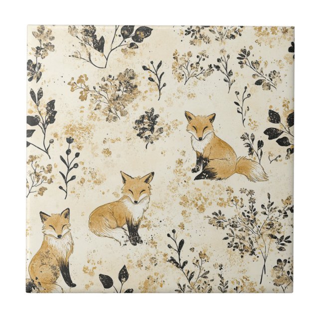 Luxury Black & Gold Botanical Fox Art (3) Tile (Front)