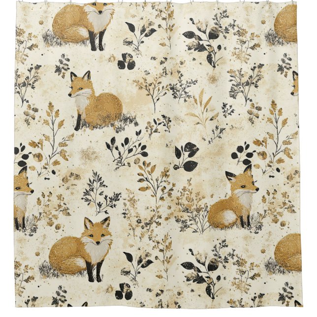 Luxury Black & Gold Botanical Fox Art (4) Shower Curtain (Front)