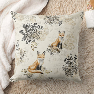 Luxury Black & Gold Botanical Fox Art Cushion