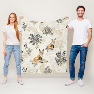 Luxury Black & Gold Botanical Fox Art Fleece Blanket