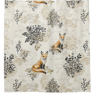 Luxury Black & Gold Botanical Fox Art Shower Curtain