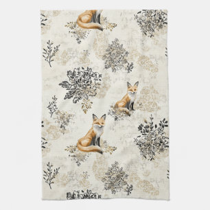 Luxury Black & Gold Botanical Fox Art Tea Towel
