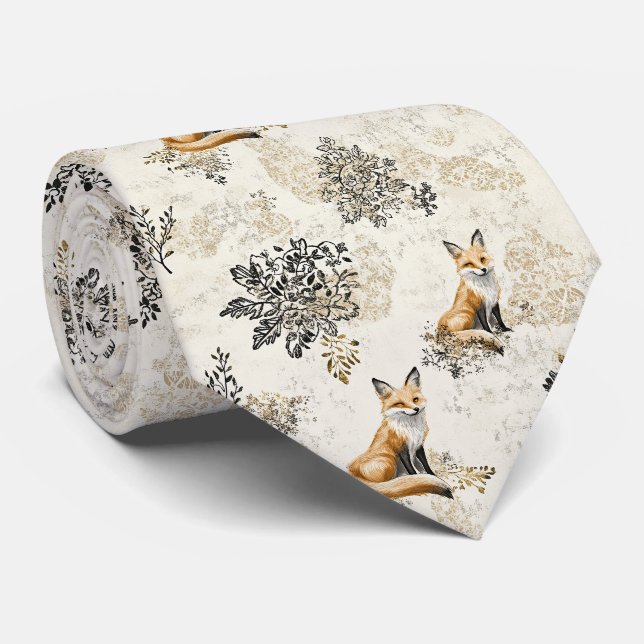Luxury Black & Gold Botanical Fox Art Tie (Rolled)
