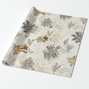 Luxury Black & Gold Botanical Fox Art Wrapping Paper