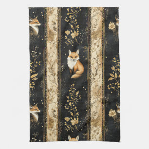 Luxury Black & Gold Botanical Fox Pattern (1) Tea Towel