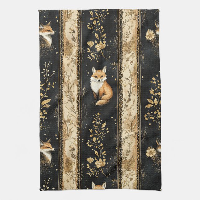 Luxury Black & Gold Botanical Fox Pattern (1) Tea Towel (Vertical)