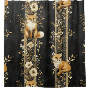Luxury Black & Gold Botanical Fox Pattern (2) Shower Curtain