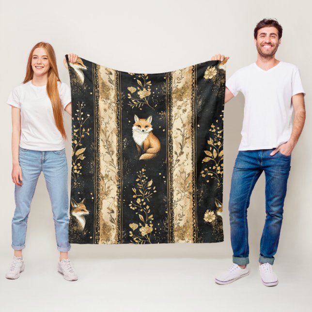 Luxury Black & Gold Botanical Fox Pattern Fleece Blanket (In Situ)