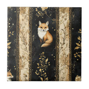 Luxury Black & Gold Botanical Fox Pattern Tile