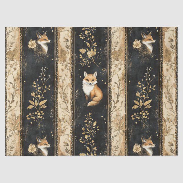Luxury Black & Gold Botanical Fox Pattern Tissue Paper (Front)