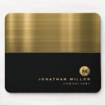 Luxury Black Gold Brushed Metal Monogram Mouse Mat<br><div class="desc">Modern luxury monogram design with brushed metal gold monogram medallion; classic block typopgrahy with personalised name and title below on a simple black background. Personalise for your custom use.</div>