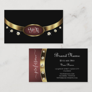 Luxury Black Gold Burgundy Initials Rhinestones Business Card