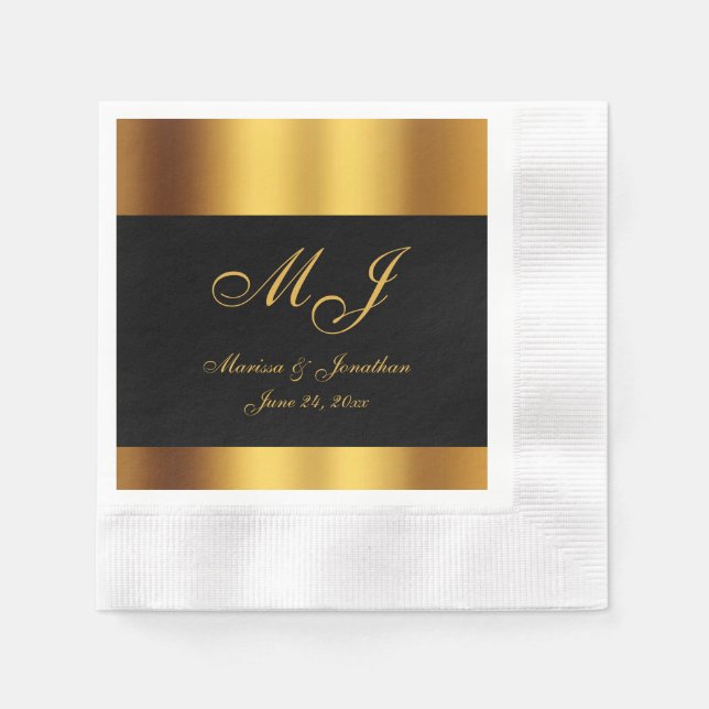 Luxury Black Gold Calligraphy Border Wedding Napkin (Front)