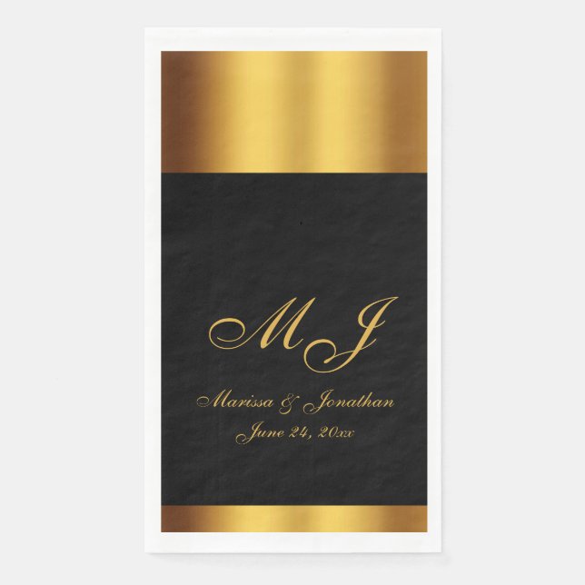 Luxury Black Gold Calligraphy Border Wedding Napkin (Front)