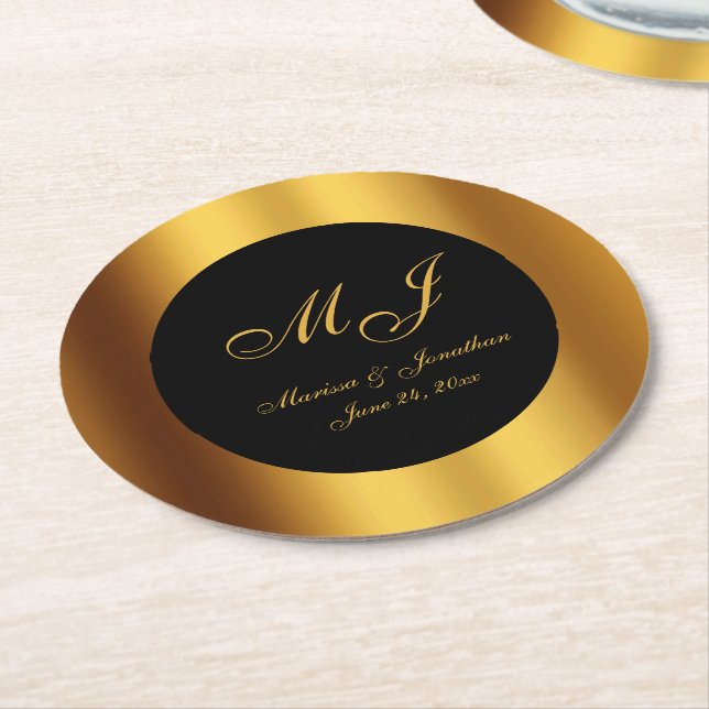 Luxury Black Gold Calligraphy Border Wedding Round Paper Coaster (Angled)