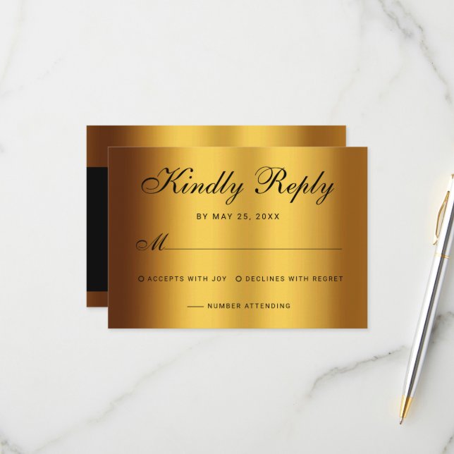 Luxury Black Gold Calligraphy Border Wedding RSVP Card (Front/Back In Situ)