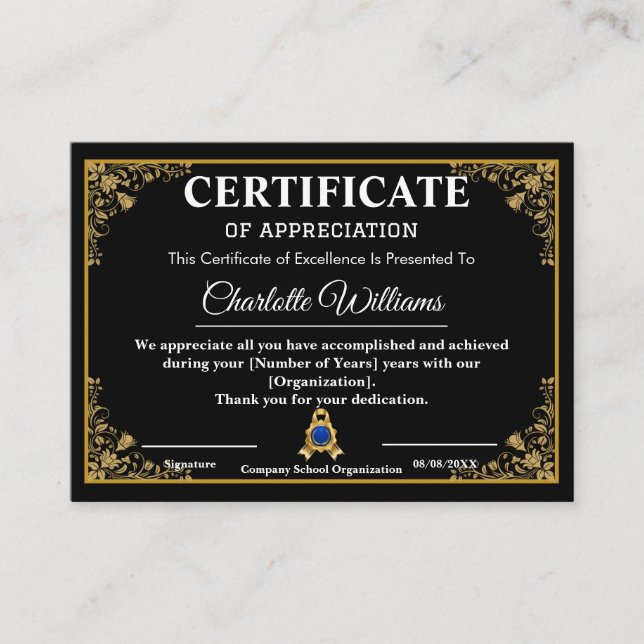 Luxury Black Gold Certificate of Appreciation (Front)