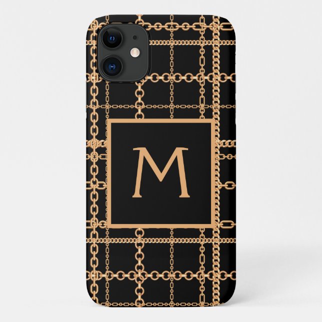 Luxury Black Gold Chain Pattern Monogram Case-Mate iPhone Case (Back)