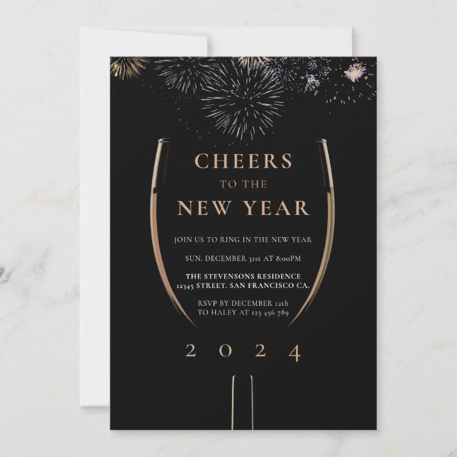 Luxury Black Gold Cheers to the New Year Party Invitation (Front)