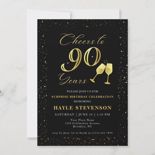 Luxury Black Gold Confetti Cheers to 90th Birthday Invitation (Front)