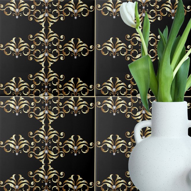 Luxury Black Gold Damask and Gemstones Pattern Tile (Creator Uploaded)