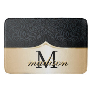 Luxury Black Gold Damask Floral Pattern Elegant Bath Mat