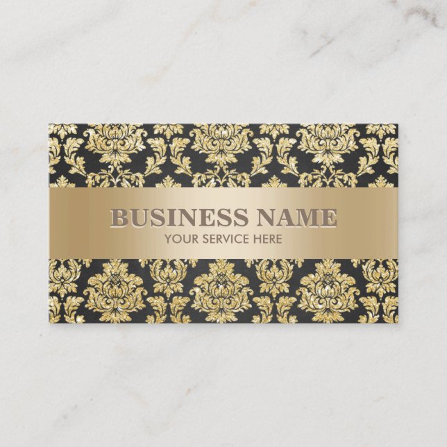 Luxury Black & Gold Damask Professional Business Card (Front)