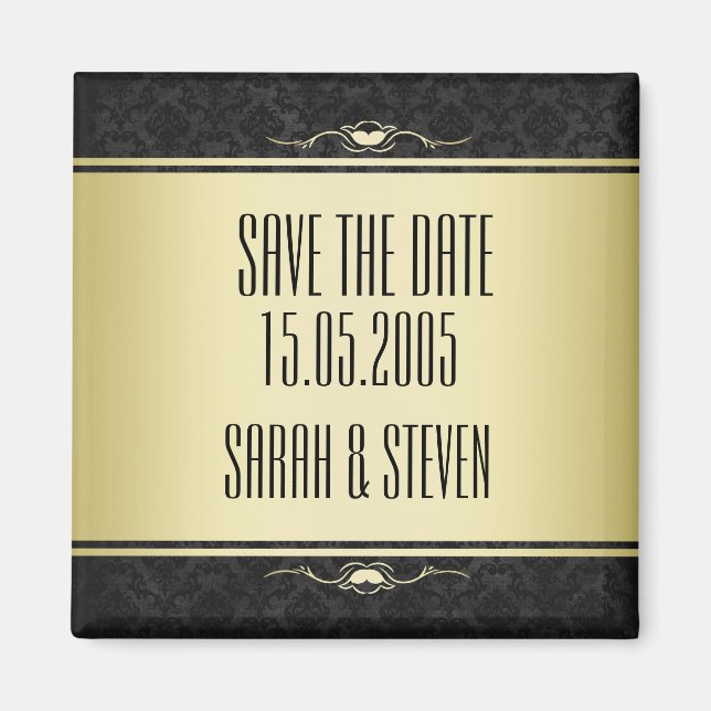 Luxury Black/Gold Damask Save the date Magnet (Front)