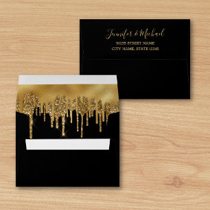 luxury black gold dripping glitters wedding envelope