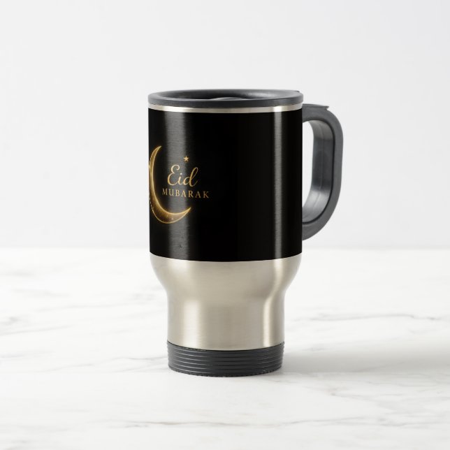 Luxury Black & Gold Eid Mubarak – Elegant Travel Mug (Front Right)