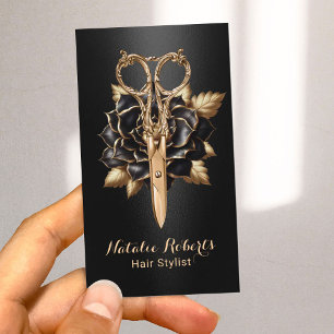 Luxury Black & Gold Floral Scissor Hair Stylist Business Card