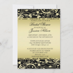 Luxury Black Gold Floral Swirls Shower Invite