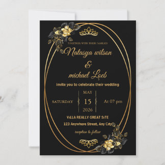 Luxury Black & Gold Floral Wedding Invitation