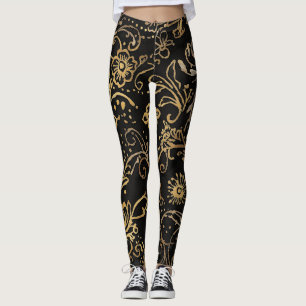 Luxury, Black Gold Flowers Pattern Leggings