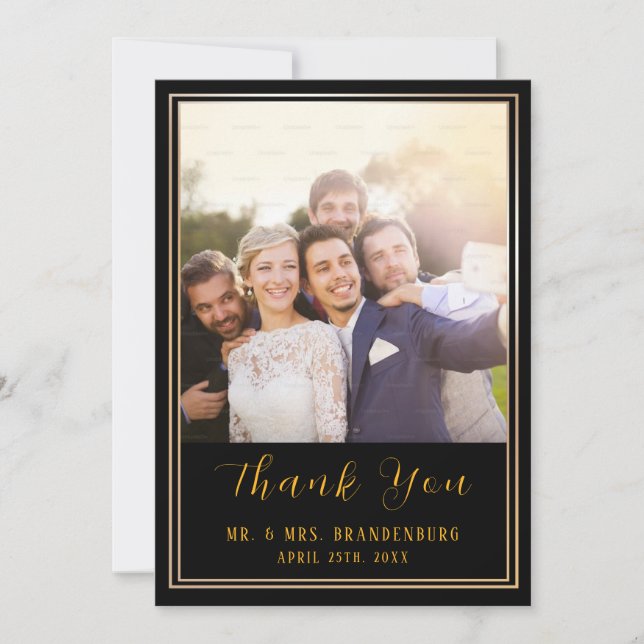 Luxury Black & Gold Frame Photo Thank You Card (Front)