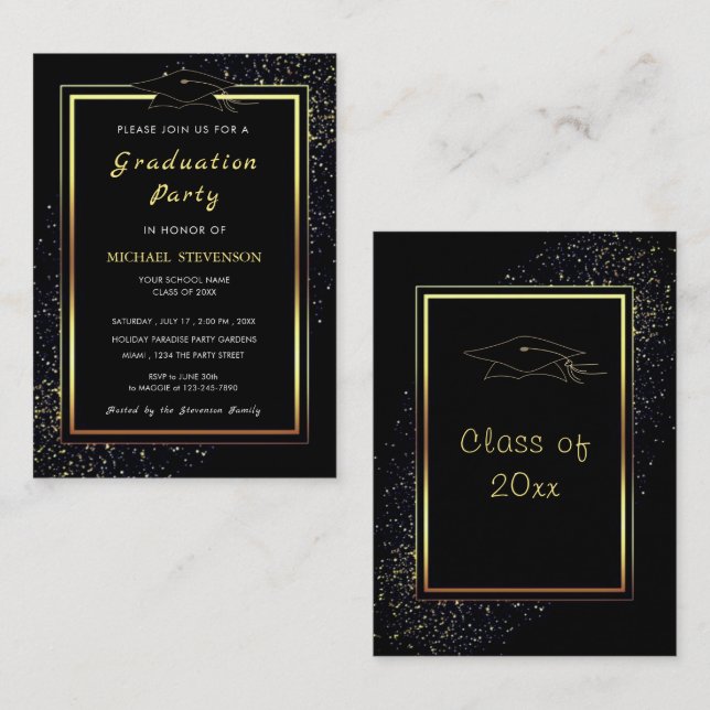 Luxury Black Gold Framed Graduation Invitation (Front/Back)