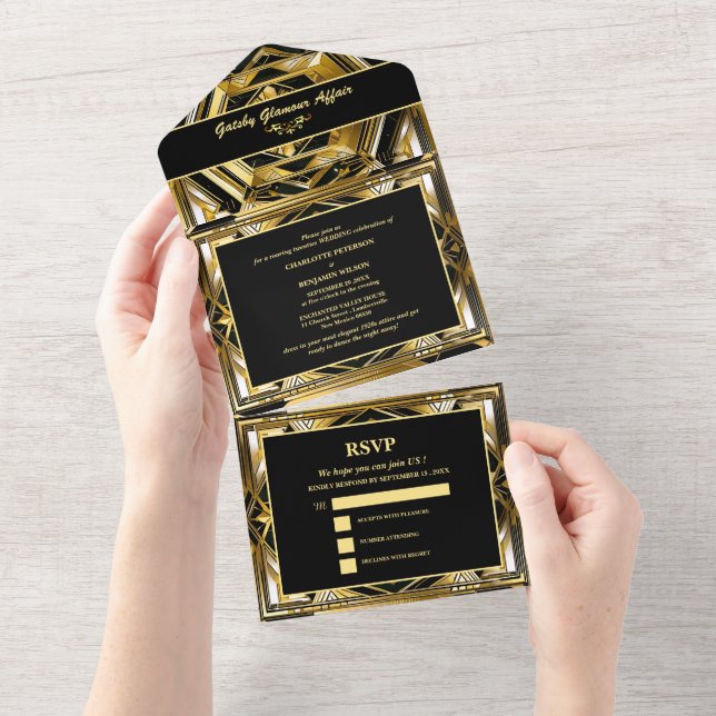 Luxury Black & Gold Gatsby Art Deco 1920s Wedding All In One Invitation (Tearaway)