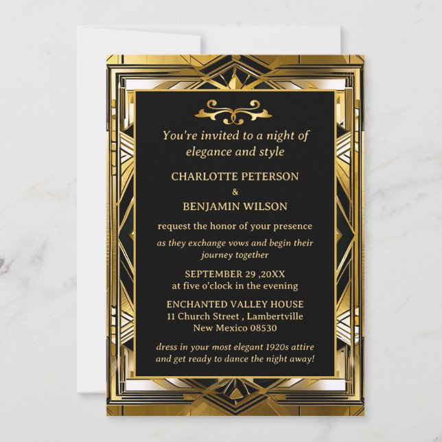 Luxury Black & Gold Gatsby Art Deco  1920s Wedding Invitation (Front)