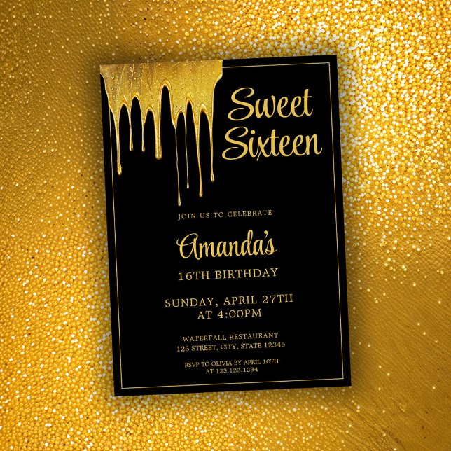 Luxury Black & Gold Glitter Drip Sweet 16 Birthday Invitation (Creator Uploaded)