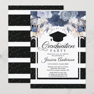 Luxury Black Gold Glitter Floral Graduation Invitation