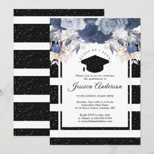 Luxury Black Gold Glitter Floral Graduation Invitation