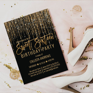 Luxury Black Gold Glitter Fringe Curtain Sweet 16 Invitation