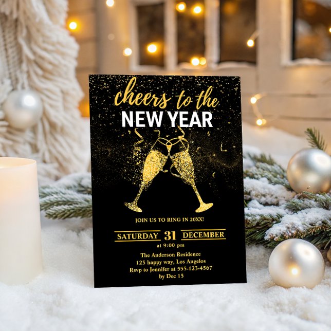 Luxury Black & Gold Glitter New Year’s Eve Party   Invitation (Creator Uploaded)