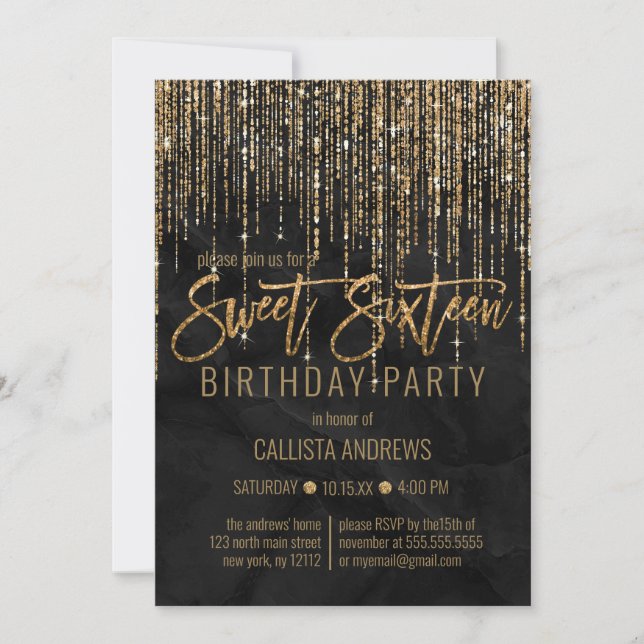 Luxury Black Gold Glitter Pearl Marble Sweet 16 Invitation (Front)