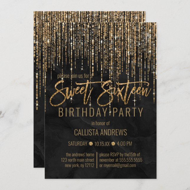 Luxury Black Gold Glitter Pearl Marble Sweet 16 Invitation (Front/Back)