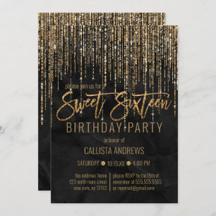 Luxury Black Gold Glitter Pearl Marble Sweet 16 Invitation