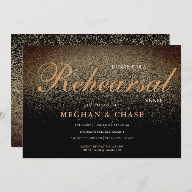 Luxury Black Gold Glitter Rehearsal Dinner Invitation (Front/Back)
