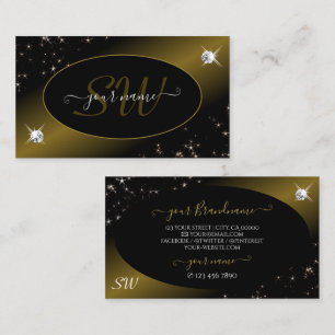 Luxury Black Gold Glitter Stars Diamonds Monogram Business Card