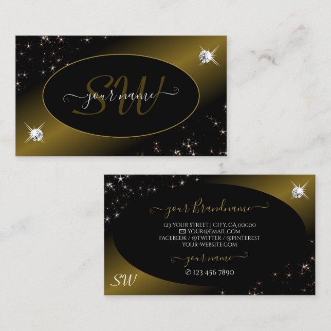 Luxury Black Gold Glitter Stars Diamonds Monogram Business Card (Front/Back)